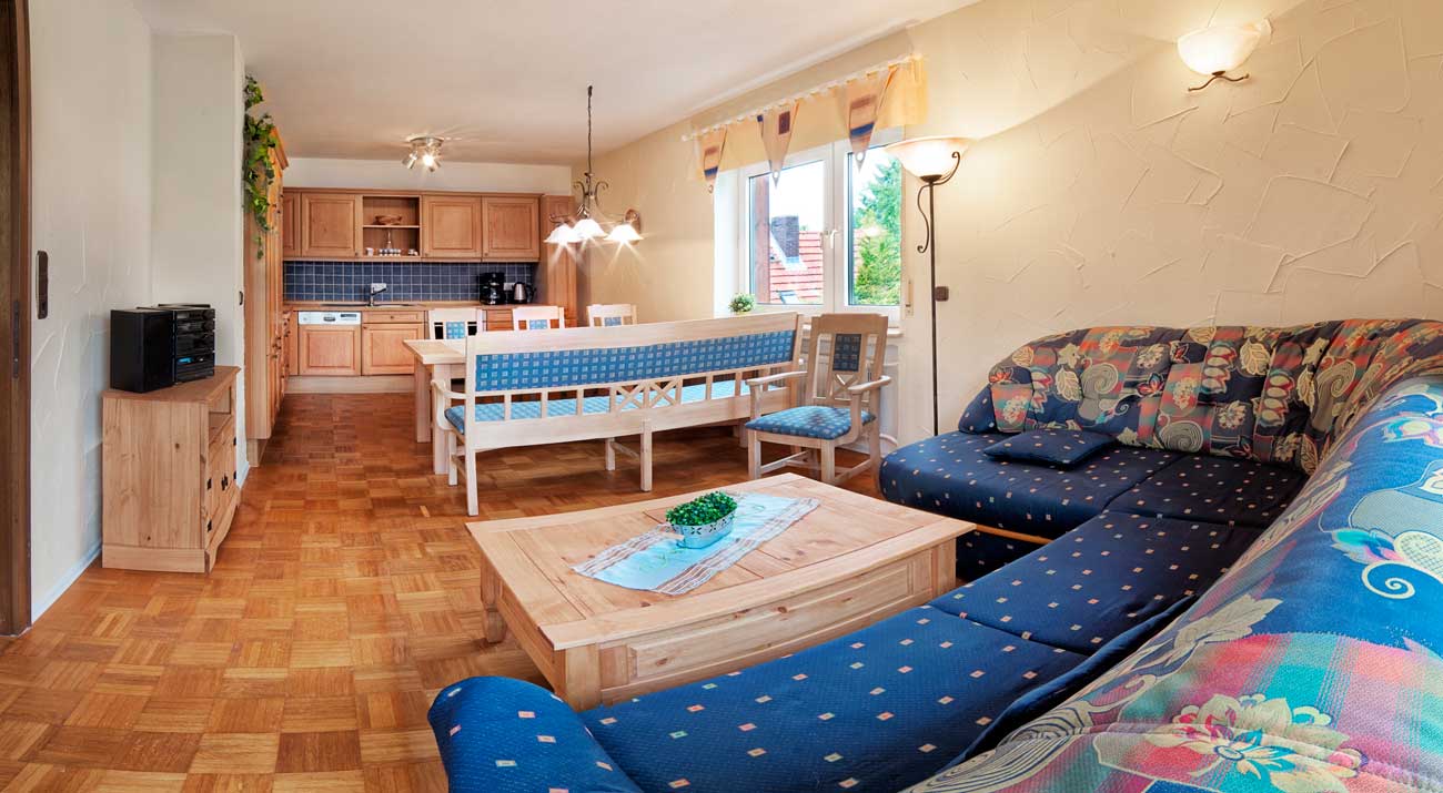 Wohnzimmer mit Küche im Ferienhaus Rhönblick, Thüringen